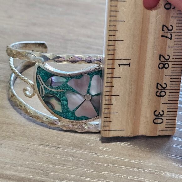 Vintage Alpaca Silver & Turquoise Cuff with Abalone & Mother of Pearl Flower - Picture 6 of 9
